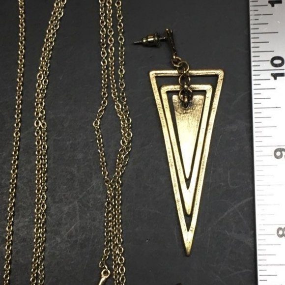 Gold Necklace Earrings Triple Chain Triangle Brown Stone V - Picture 9 of 10